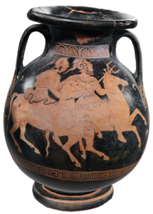 Pelike a figure rosse del pittore di Policoro, Poseidon e Atena